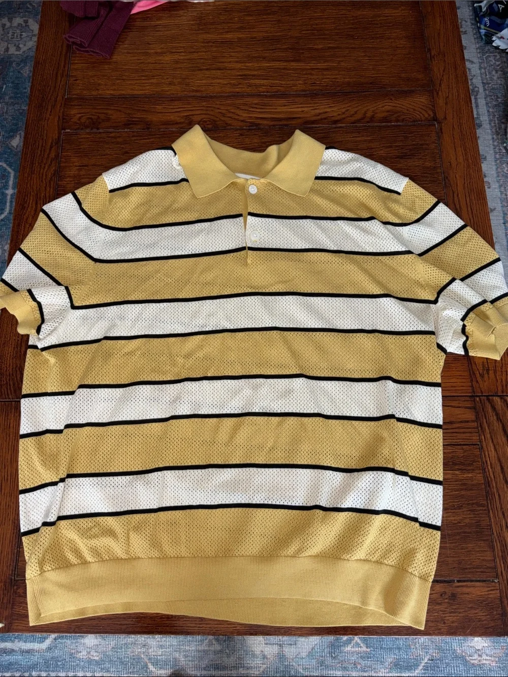 Banana Republic Yellow, White & Black Striped Mesh Polo